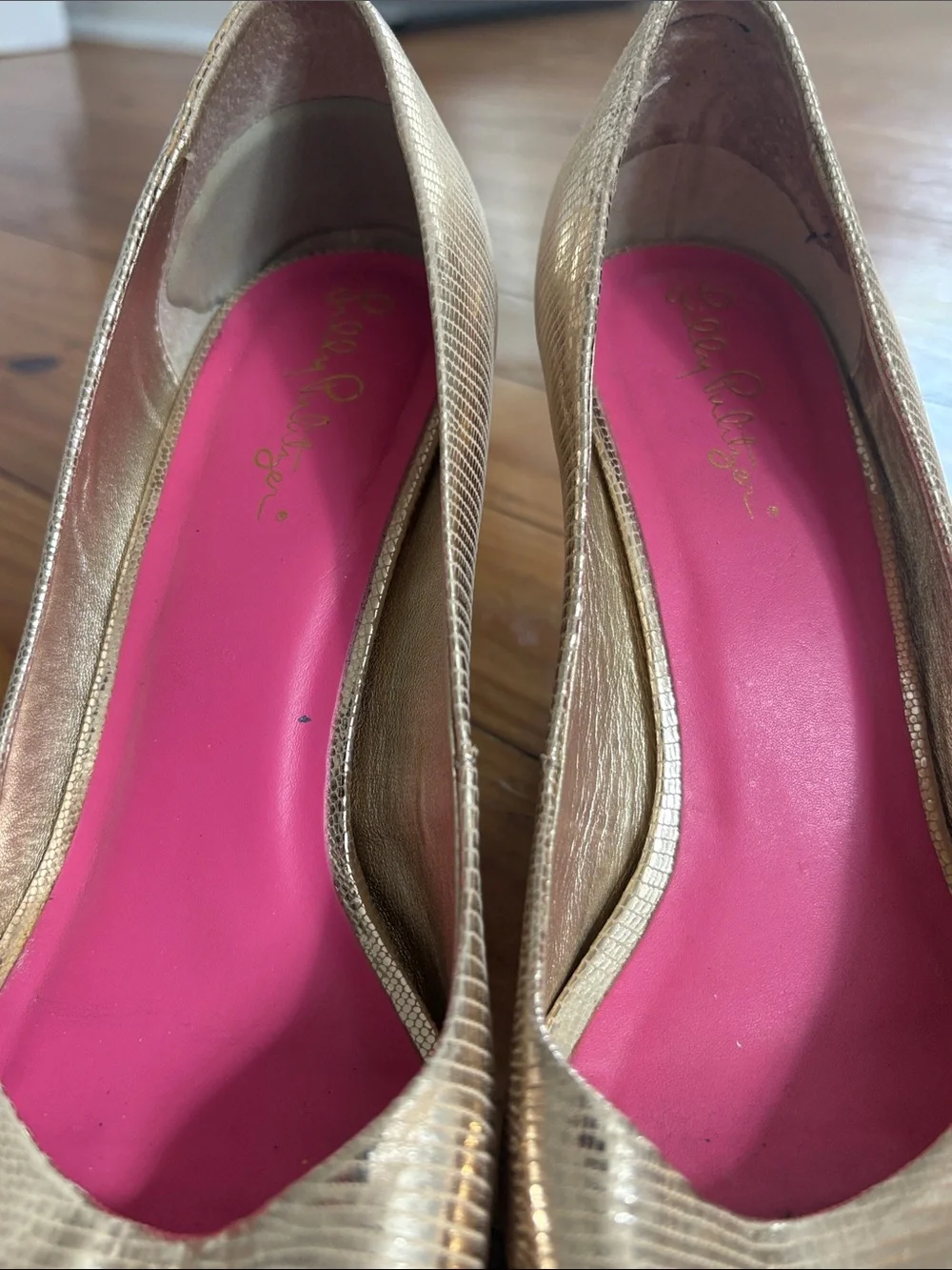 Lilly Pulitzer Metallic Gold Peep-Toe Wedge with Pink Insole